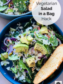 vegetarian salad in a bag salad in round bowl witih toast