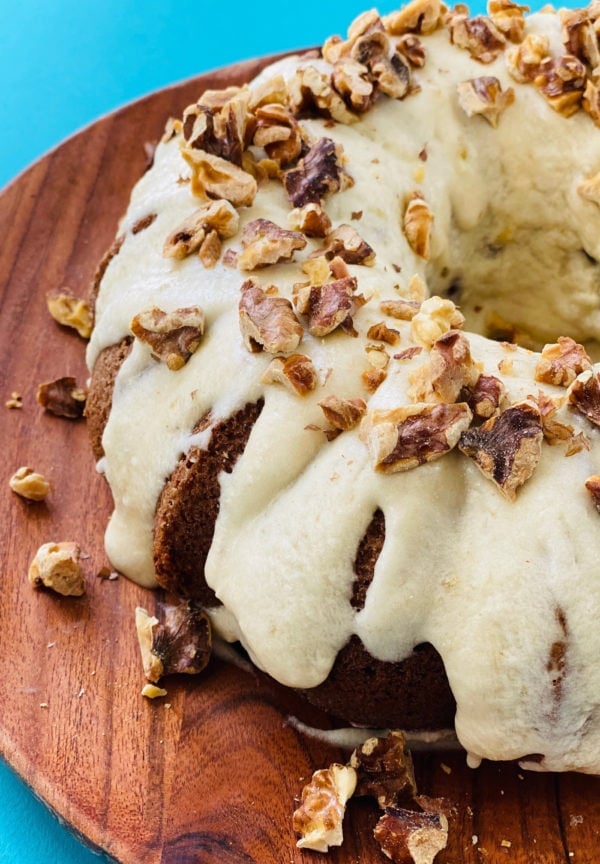 Sour Cream Banana Cake on a wood plate