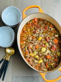 dutch oven of Mom's Vegetable Beef Soup