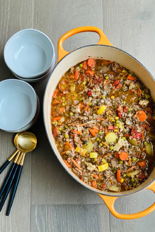dutch oven of Mom's Vegetable Beef Soup