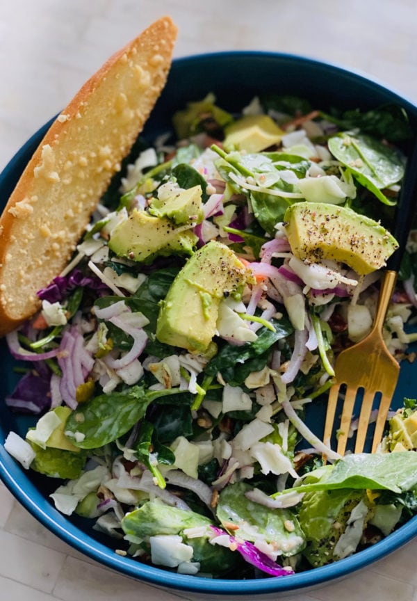 salad in a bag with avocado and toast