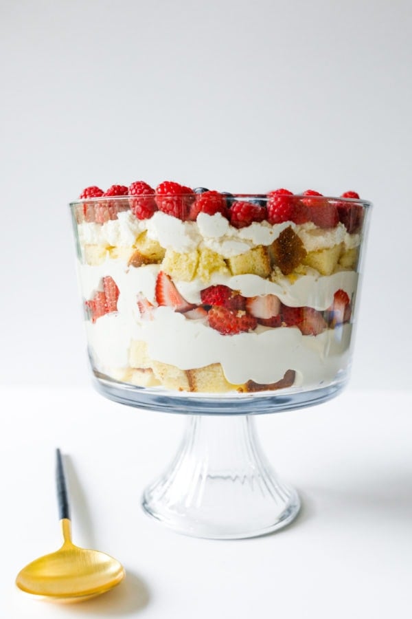 layered strawberry trifle in parfait dish