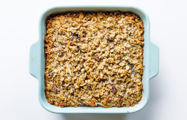 square blue pan of Blueberry Coconut Baked Oatmeal