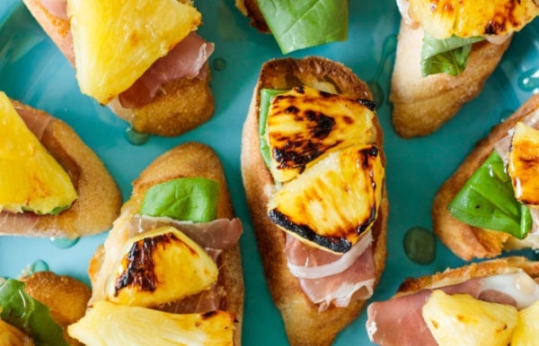 Pineapple Prosciutto Crostini on baguette bread