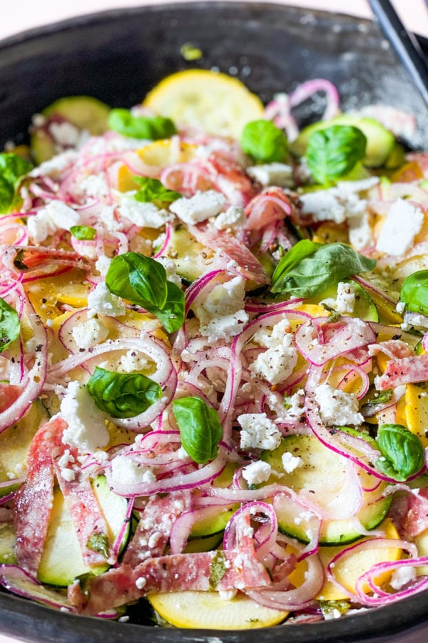 Summer Squash Salad Recipe garnished with fresh basil