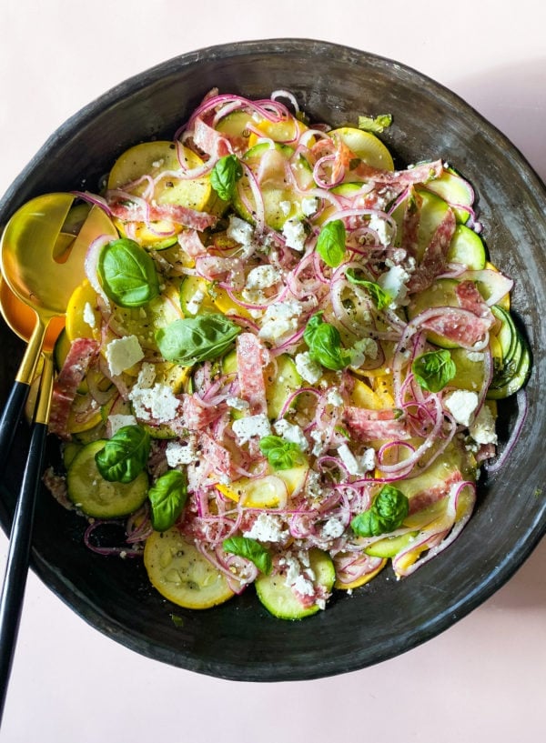 Summer Squash Salad Recipe in black serving bowl