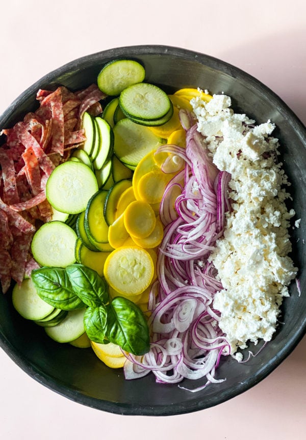 Summer Squash Salad deconstructed in black bowl