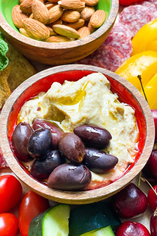 garlic hummus and olives