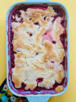 9x13 blue pan of Classic Raspberry Cobbler