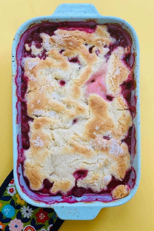 9x13 blue pan of Classic Raspberry Cobbler