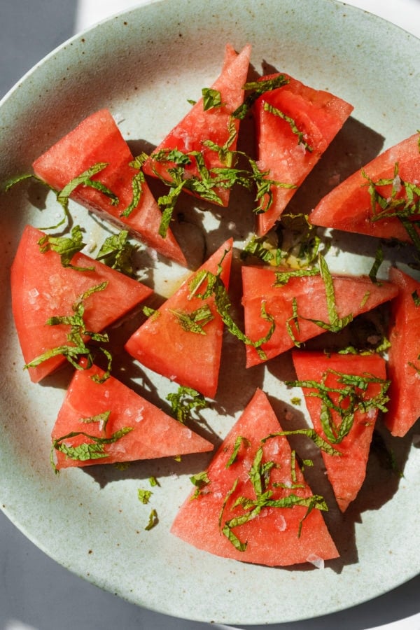 plate of Salted Watermelon with Honey Mint