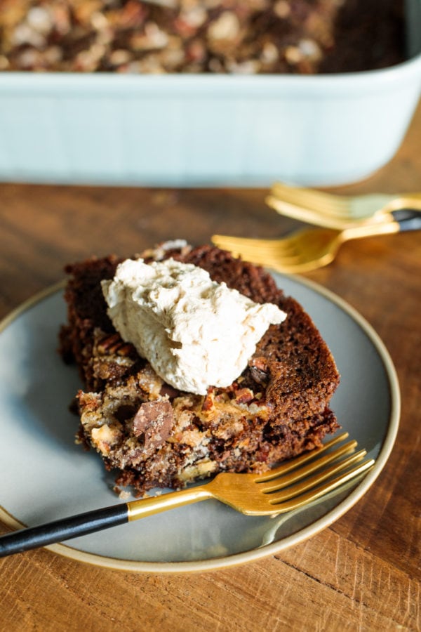 a piece of date cake with whipped cream