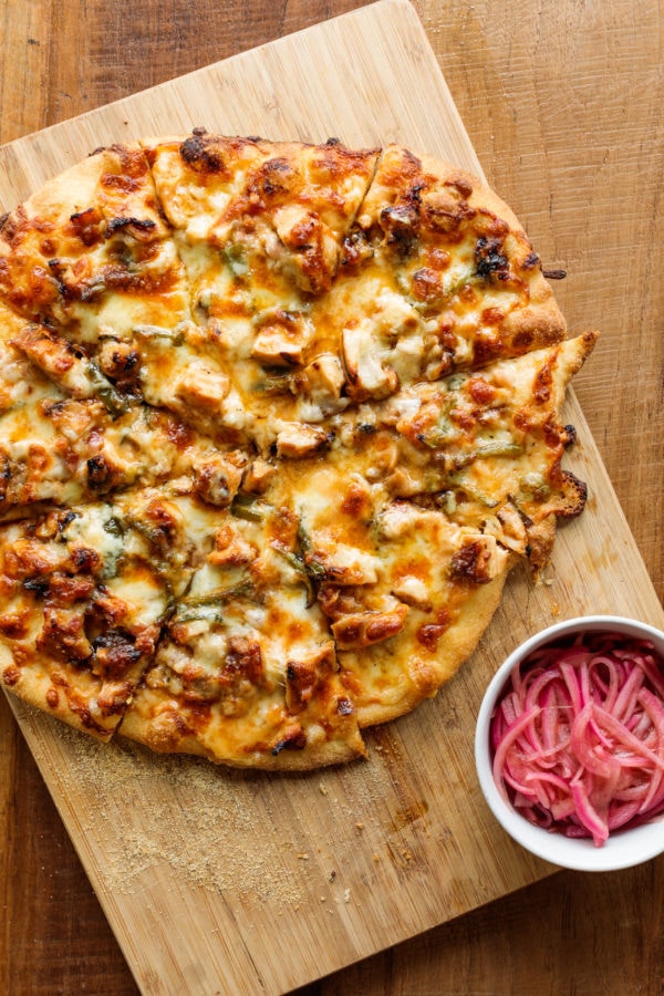 Homemade BBQ Chicken Pizza with red onions