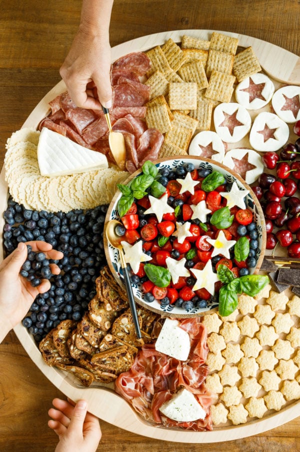 fresh blueberries on a patriotic charcuterie board