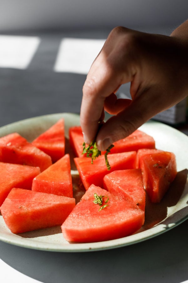 chopped mint on watermelon