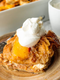 close up shot of Peaches and Cream Bread Pudding