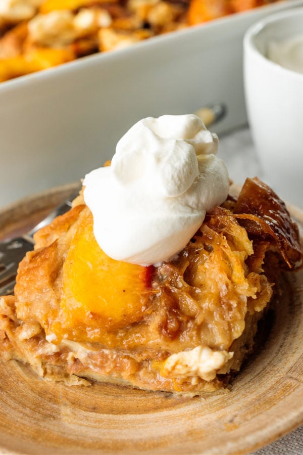 close up shot of Peaches and Cream Bread Pudding