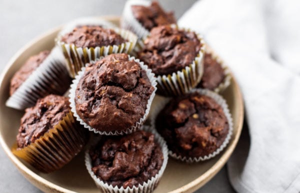 plate of banana muffins with chocolate