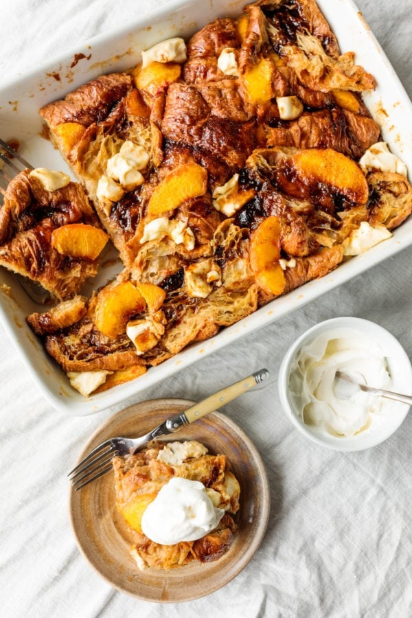 Peaches and Cream Bread Pudding with whipped cream