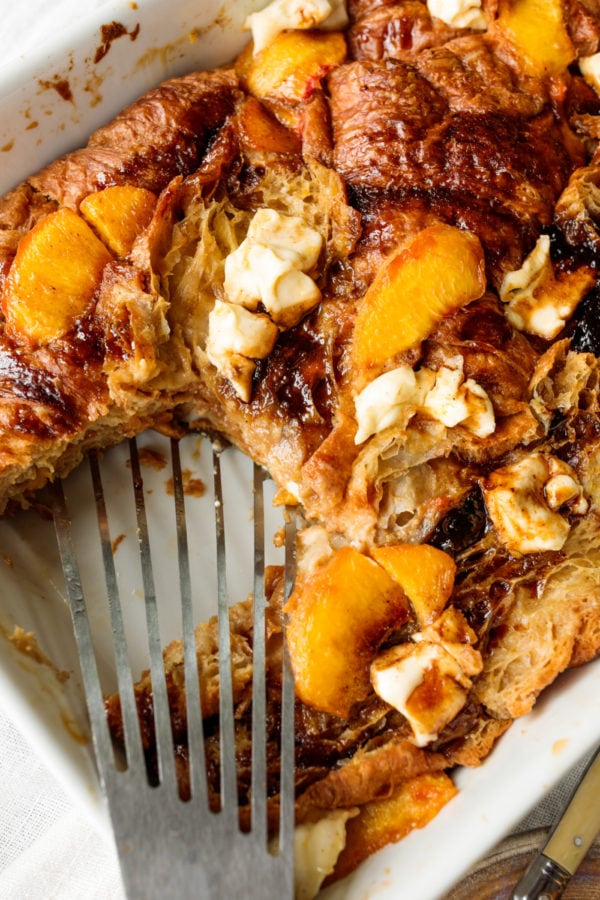 baking pan of Peaches and Cream Bread Pudding