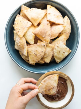 bowl of Cinnamon Sugar Fried Flour Tortillas with nutella