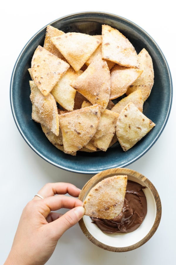 bowl of Cinnamon Sugar Fried Flour Tortillas with nutella