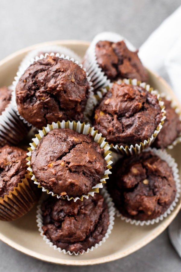 plate of Double Chocolate Banana Muffins