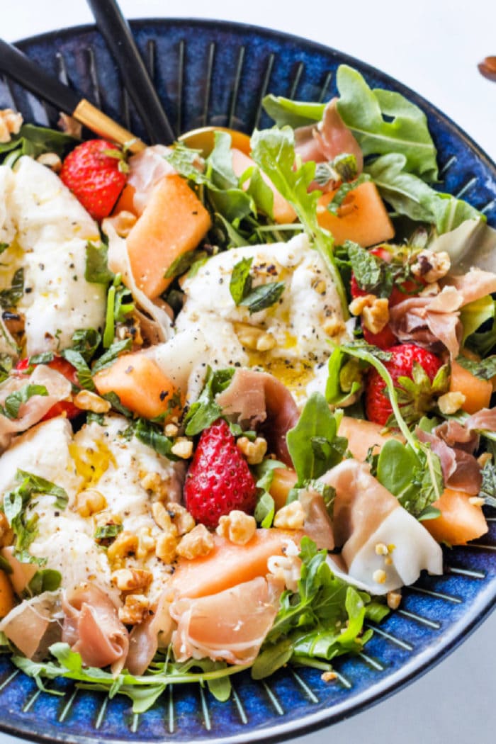 Burrata Melon Strawberry Salad with olive oil