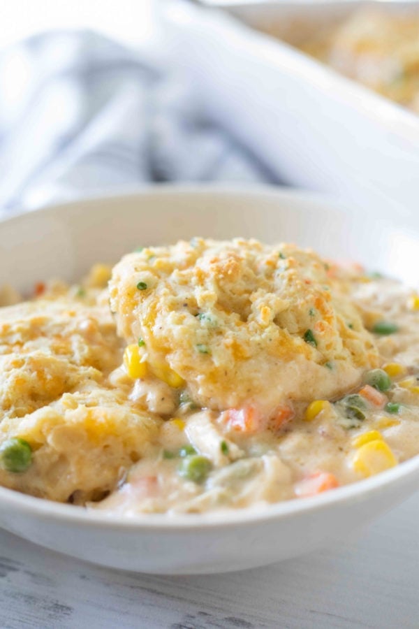 hot bowl of Chicken Pot Pie with Cheesy Drop Biscuits