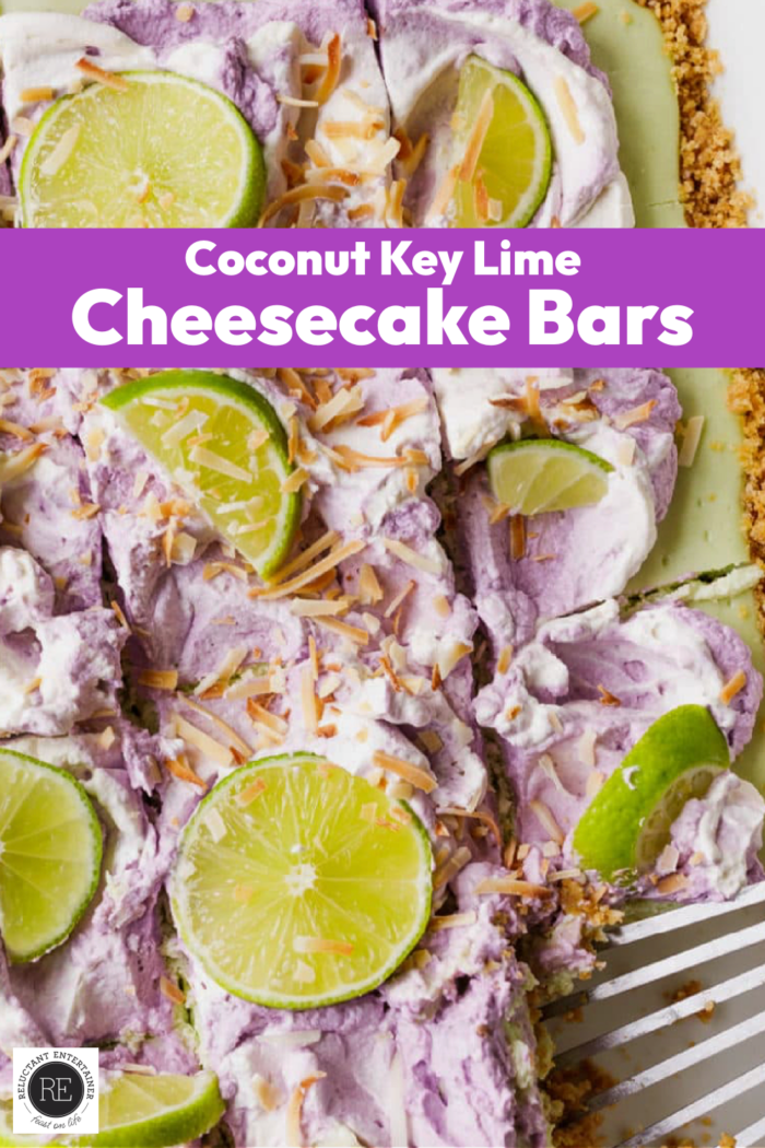 Coconut Key Lime Cheesecake Bars garnished with lime slices
