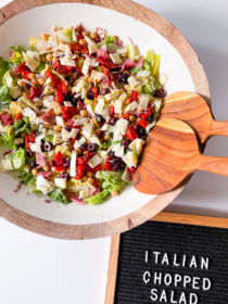round wood serving bowl of Italian chopped salad