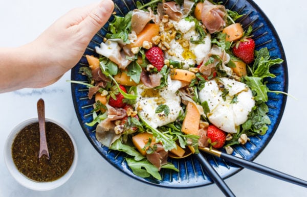 Burrata Melon Strawberry Salad with dressing