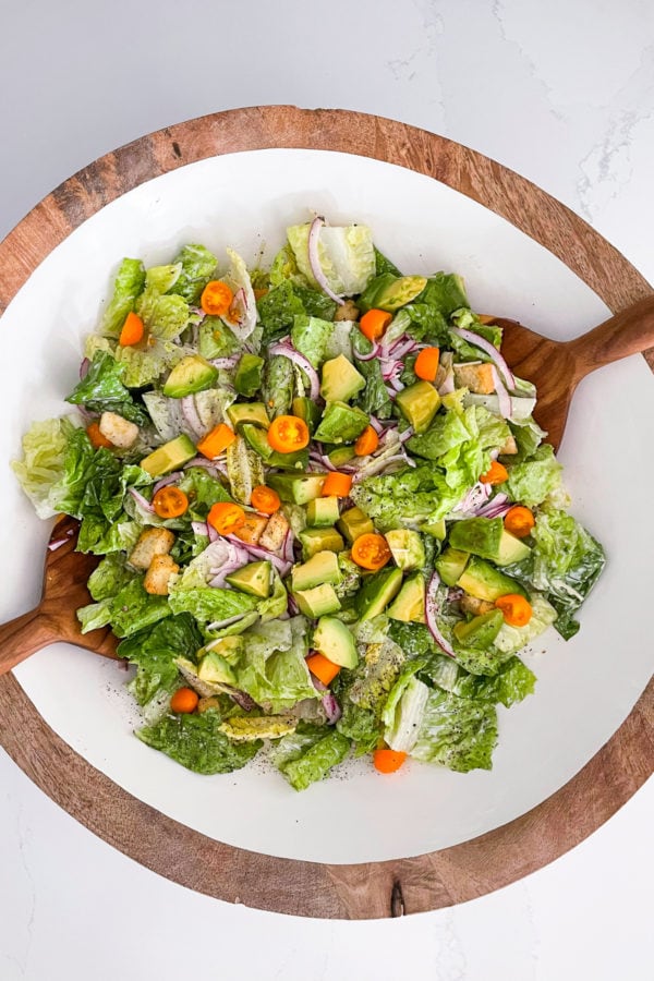 Caesar Salad in a Bag Hack with avocado, tomatoes, red onions