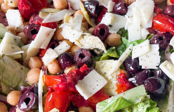 olive and cheese in chopped salad