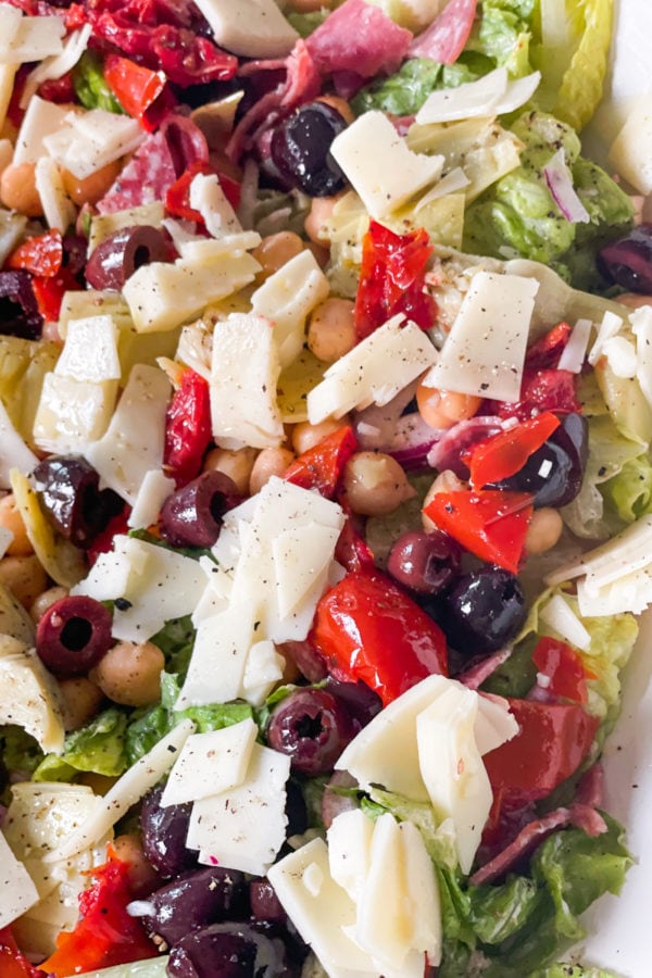 chickpeas, olives, cheese, in chopped salad