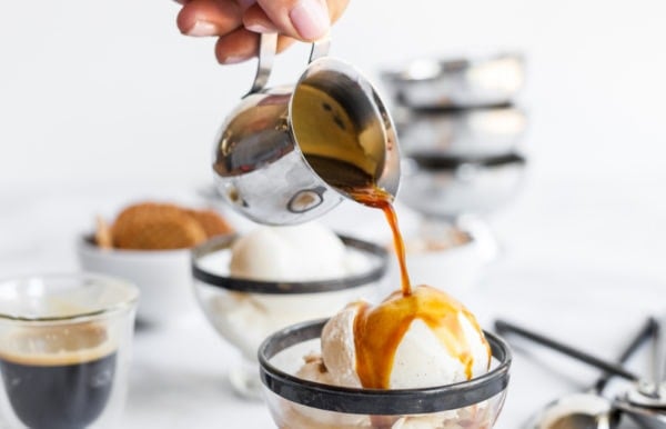 pouring coffee over Vanilla Ice Cream