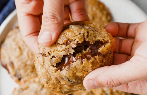 warm melted chocolate in a Chocolate Chip Macadamia Cookie