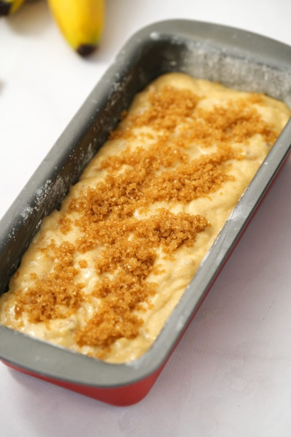 Greek Yogurt Banana Bread batter with topping