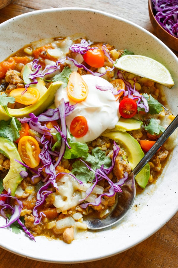 Butternut Squash Hatch Green Chili with toppings