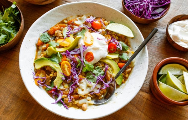 white bowl of Butternut Squash Hatch Chili