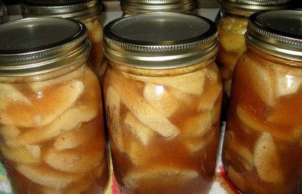 quarts of canned apple pie in a jar
