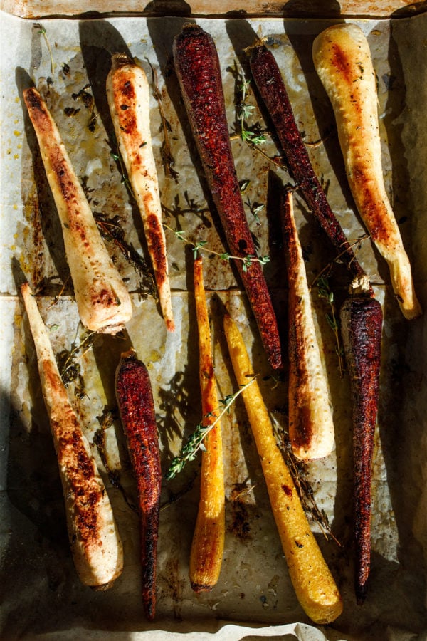 sheet pan of roasted carrots and parsnips