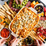 pasta bake on a charcuterie board
