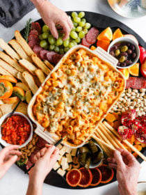 pasta bake on a charcuterie board