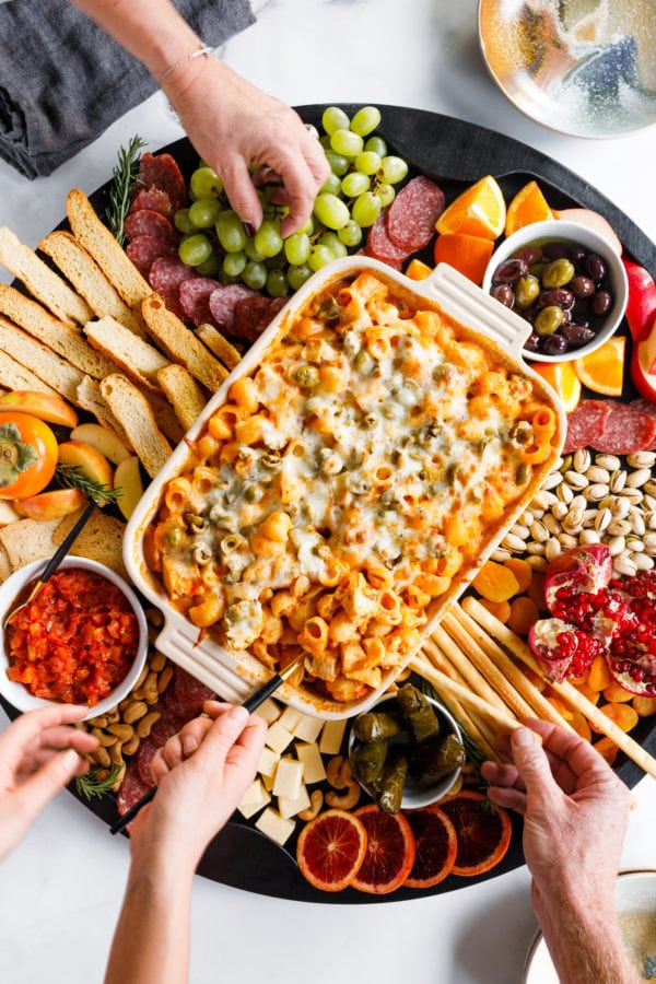 pasta bake on a charcuterie board