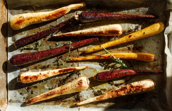 baking pan of Roasted Carrots and Parsnips