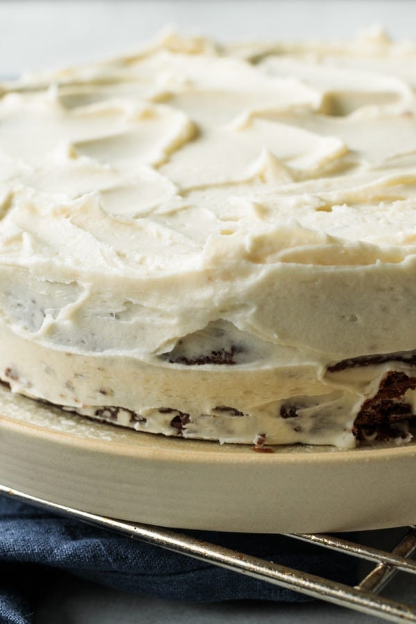 a frosted Sour Cream Chocolate Banana Cake