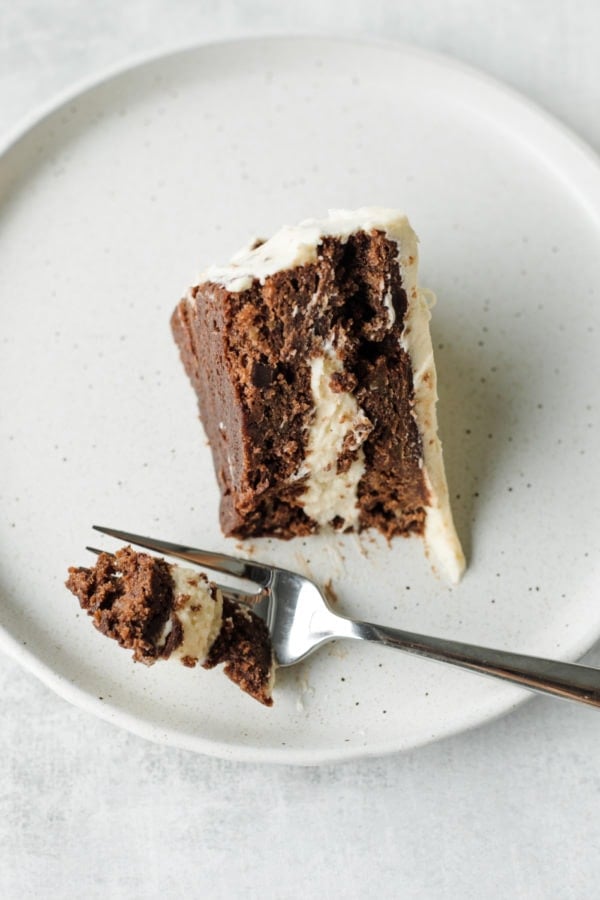 taking a bite with a fork of Sour Cream Chocolate Banana Cake