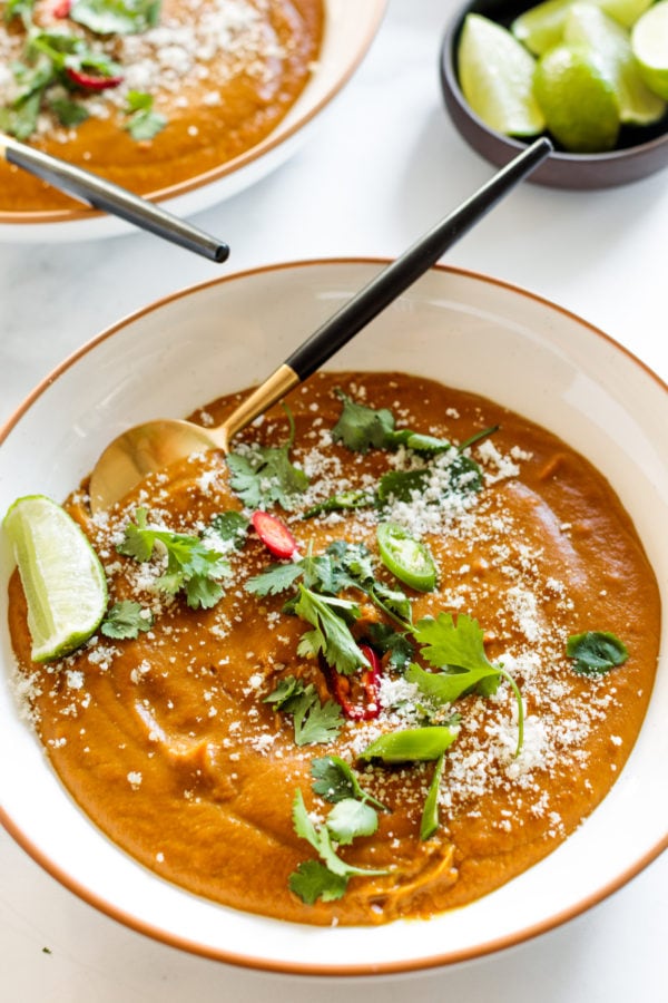 bowl of Roasted Sweet Potato Soup with fresh lime