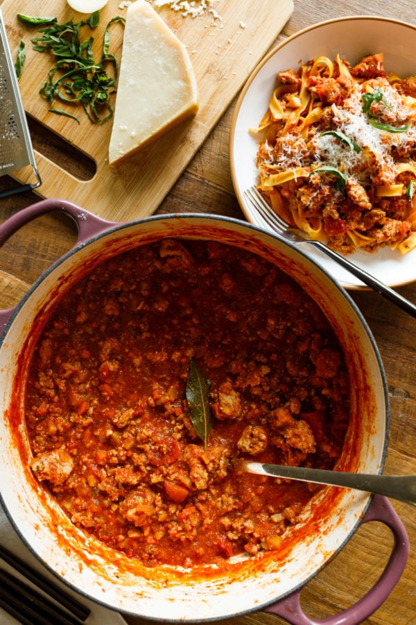 pot of red sauce with chicken pasta